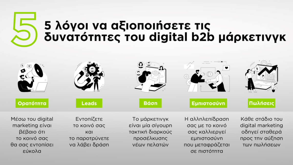 Πέντε λόγοι να αξιοποιήσετε τις βασικές αρχές b2b digital marketing για να δείτε αποτελέσματα σχετικά με τις πωλήσεις και την ικανοποίηση των πελατών σας που εμφανίζονται στο infographic από την Boldot